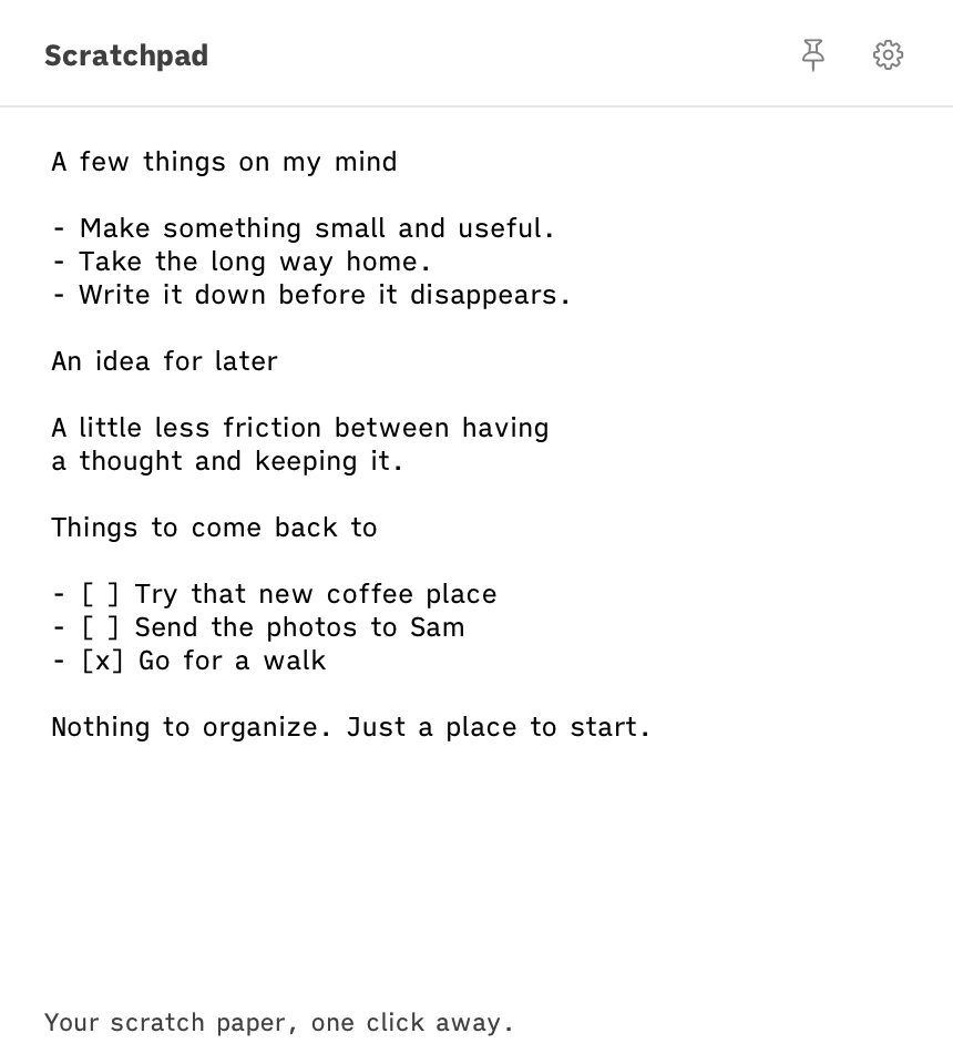 Lava’s light appearance: a simple Scratchpad window with a plain-text note, a short to-do list, and pin and settings controls.